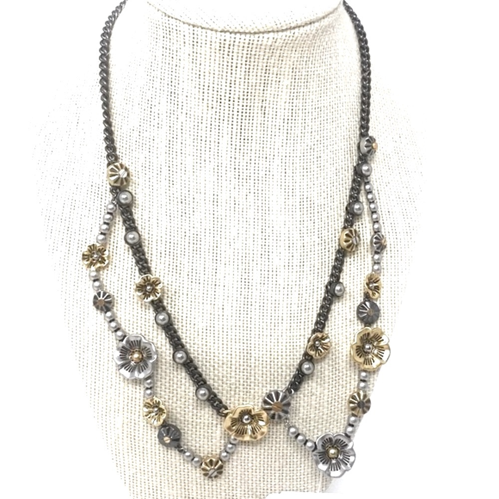 COACH Womens Tea Rose Applique Mixed-Metal Chain 18” Necklace Eclectic Studs NEW